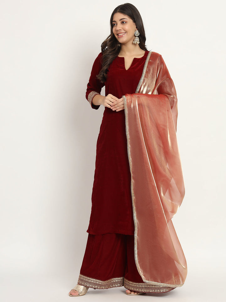 anokherang Combos Delicate Maroon Velvet Kurti with Palazzo and Tissue Organza Dupatta