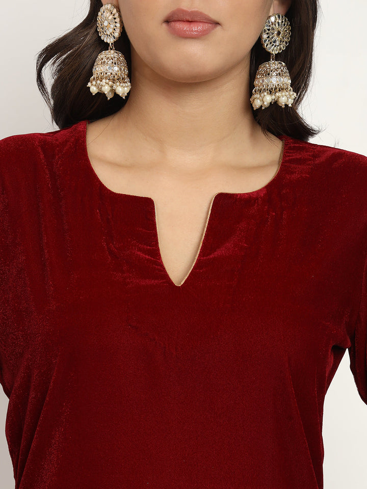 anokherang Combos Delicate Maroon Velvet Kurti with Palazzo and Tissue Organza Dupatta