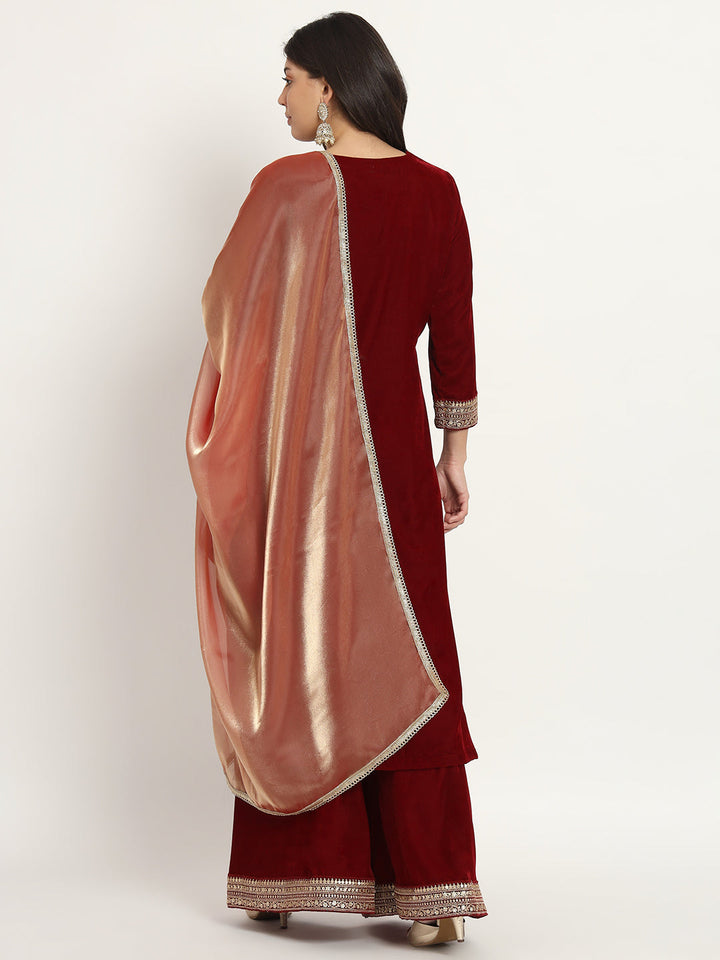 anokherang Combos Delicate Maroon Velvet Kurti with Palazzo and Tissue Organza Dupatta