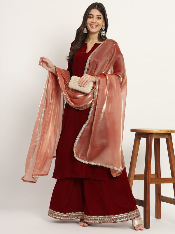 anokherang Combos Delicate Maroon Velvet Kurti with Palazzo and Tissue Organza Dupatta