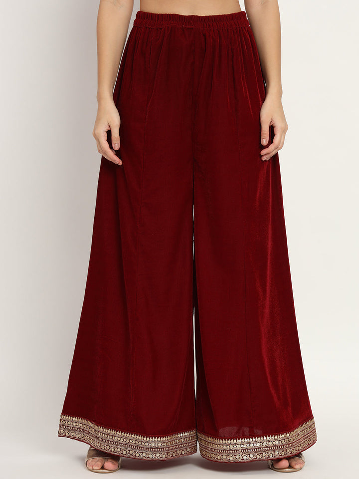 anokherang Combos Delicate Maroon Velvet Kurti with Palazzo and Tissue Organza Dupatta