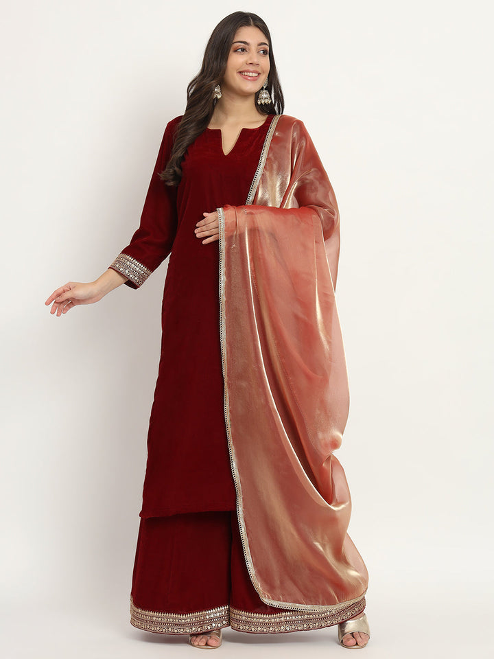 anokherang Combos Delicate Maroon Velvet Kurti with Palazzo and Tissue Organza Dupatta