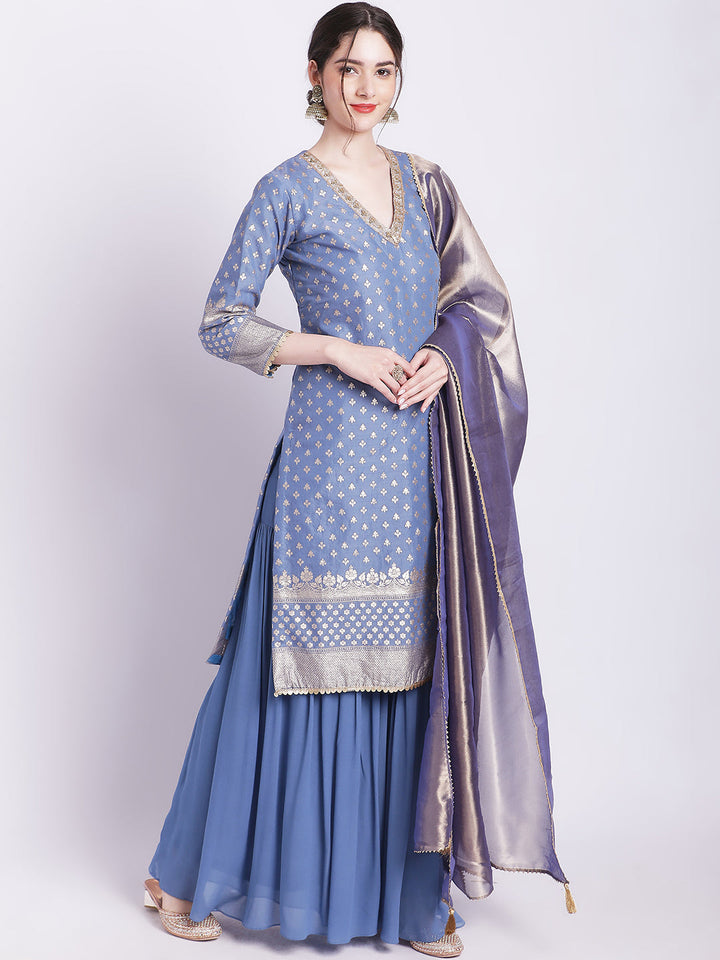 anokherang Combos Dusty Blue Badla Kurti with Gathered Palazzo and Organza Shine Dupatta