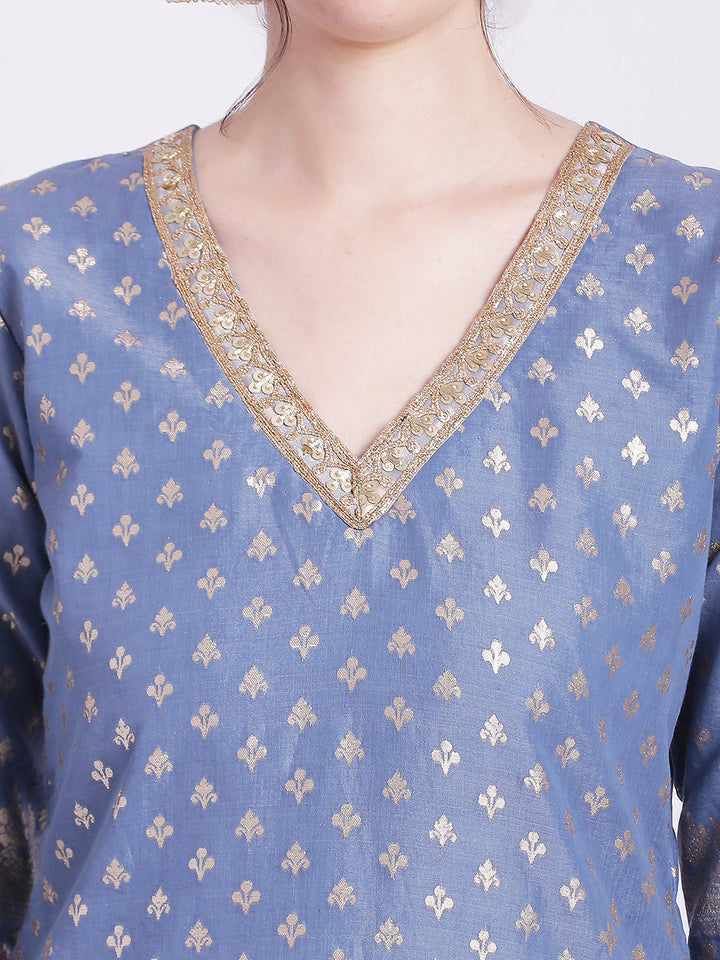 anokherang Combos Dusty Blue Badla Kurti with Gathered Palazzo and Organza Shine Dupatta