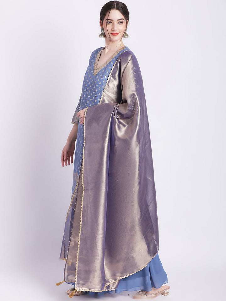 anokherang Combos Dusty Blue Badla Kurti with Gathered Palazzo and Organza Shine Dupatta