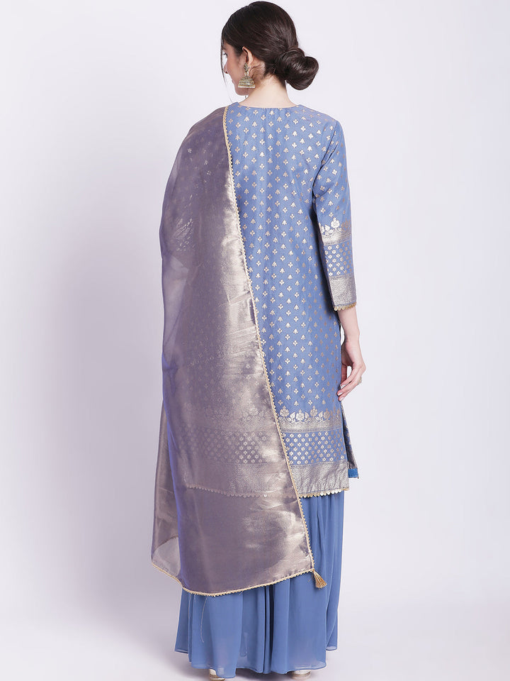 anokherang Combos Dusty Blue Badla Kurti with Gathered Palazzo and Organza Shine Dupatta