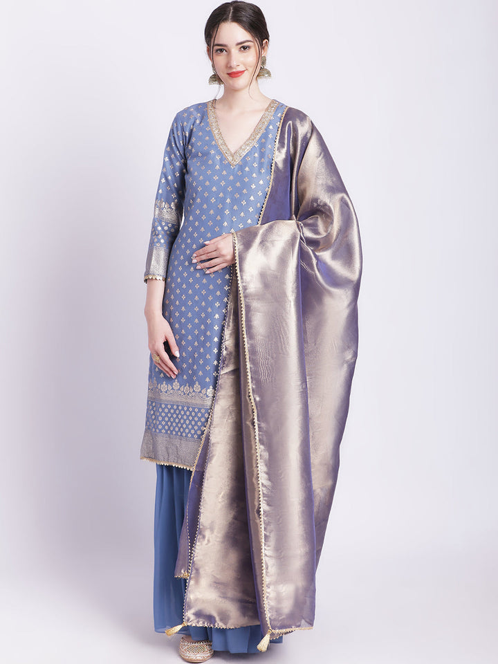 anokherang Combos Dusty Blue Badla Kurti with Gathered Palazzo and Organza Shine Dupatta