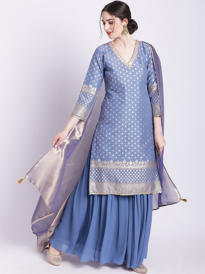 anokherang Combos Dusty Blue Badla Kurti with Gathered Palazzo and Organza Shine Dupatta