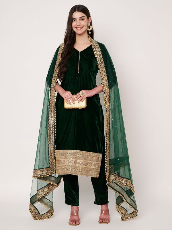 anokherang Combos Emerald Bottle Green Velvet Straight Kurti with Pants and Embroidered Net Dupatta