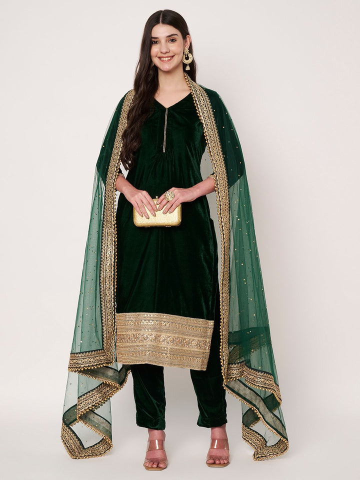 anokherang Combos Emerald Bottle Green Velvet Straight Kurti with Pants and Embroidered Net Dupatta