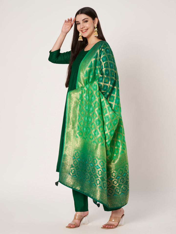 anokherang Combos Emerald Green Glow Silk Kurti with Straight Pants and Shaded Silk Bandhej Dupatta