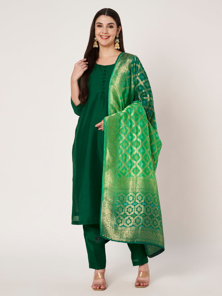 anokherang Combos Emerald Green Glow Silk Kurti with Straight Pants and Shaded Silk Bandhej Dupatta