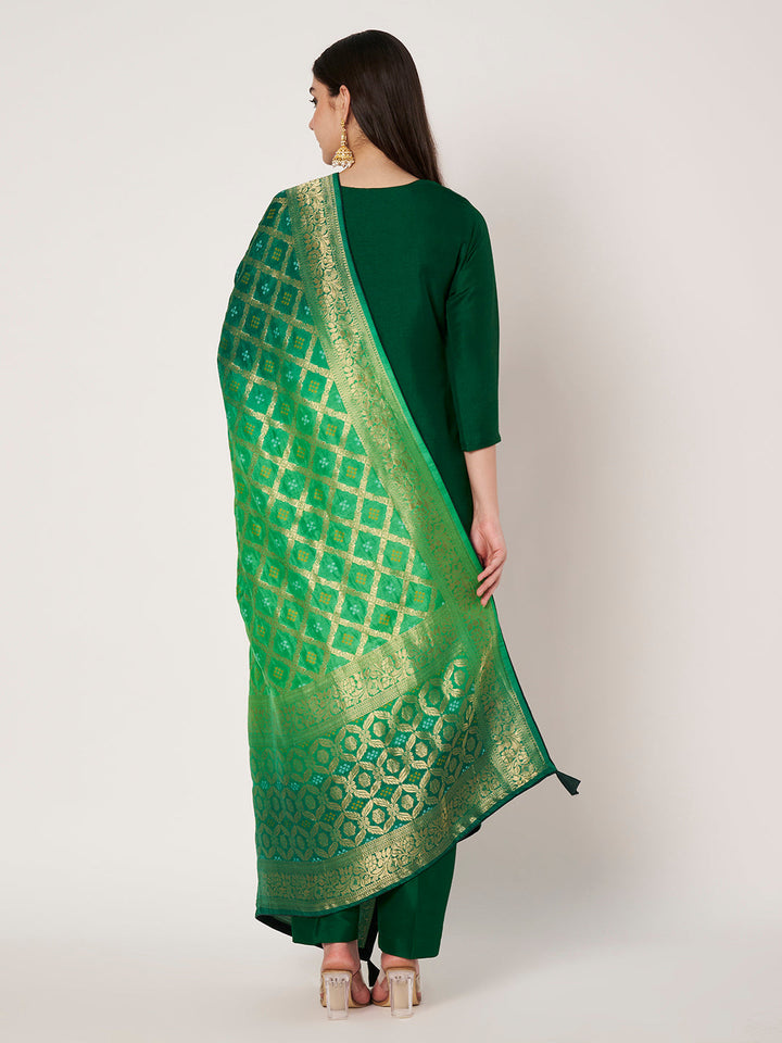 anokherang Combos Emerald Green Glow Silk Kurti with Straight Pants and Shaded Silk Bandhej Dupatta
