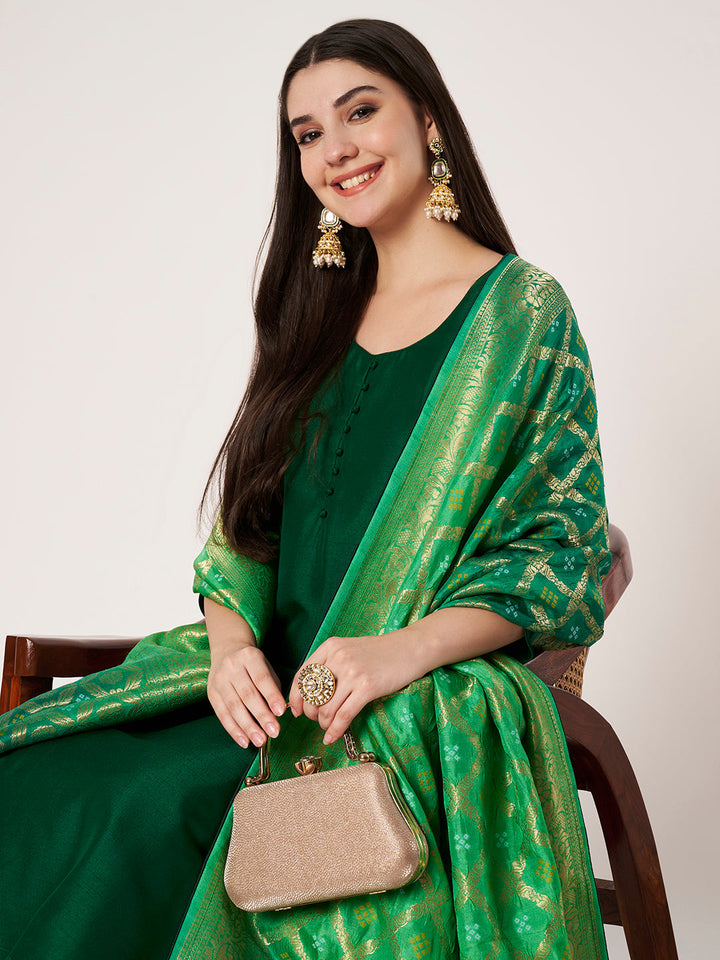 anokherang Combos Emerald Green Glow Silk Kurti with Straight Pants and Shaded Silk Bandhej Dupatta