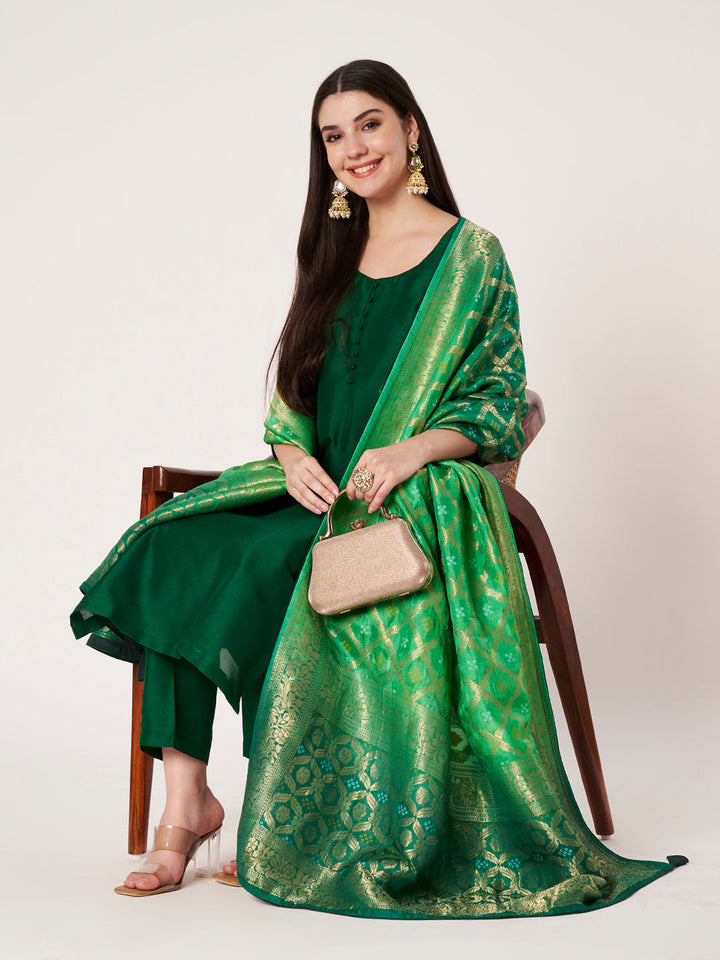 anokherang Combos Emerald Green Glow Silk Kurti with Straight Pants and Shaded Silk Bandhej Dupatta