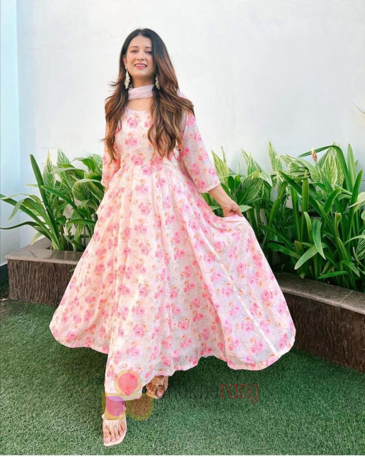 anokherang Combos English Rose Anarkali with Straight Palazzo and Dupatta