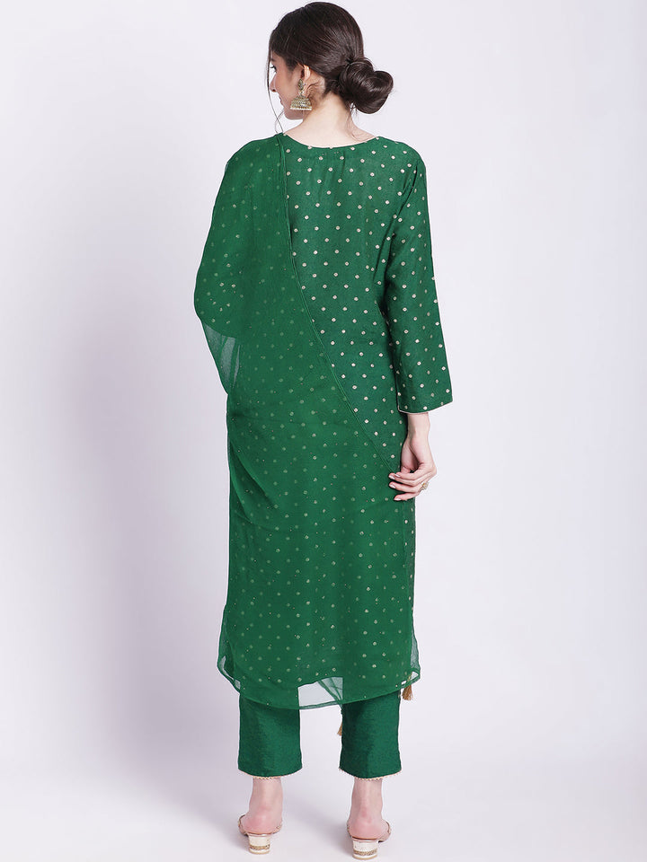 anokherang Combos Ethnic Green Banarasi Straight Kurti with Straight Pants and Mokaish Dupatta