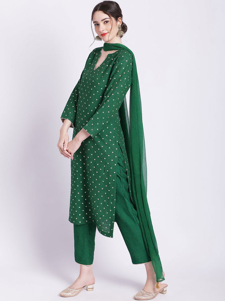 anokherang Combos Ethnic Green Banarasi Straight Kurti with Straight Pants and Mokaish Dupatta