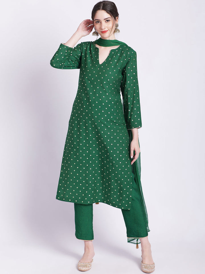 anokherang Combos Ethnic Green Banarasi Straight Kurti with Straight Pants and Mokaish Dupatta