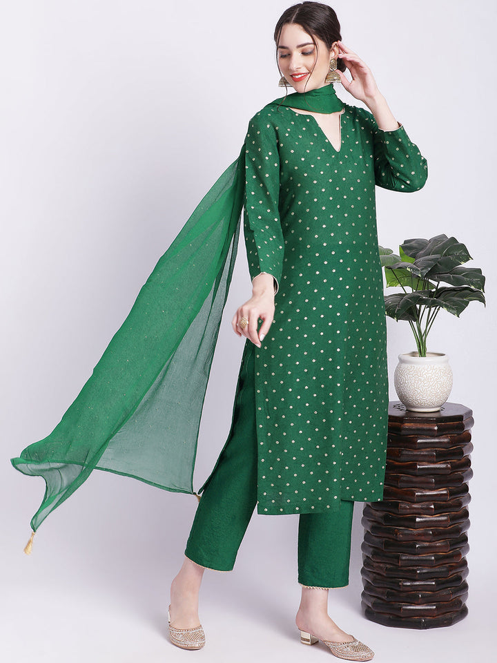 anokherang Combos Ethnic Green Banarasi Straight Kurti with Straight Pants and Mokaish Dupatta