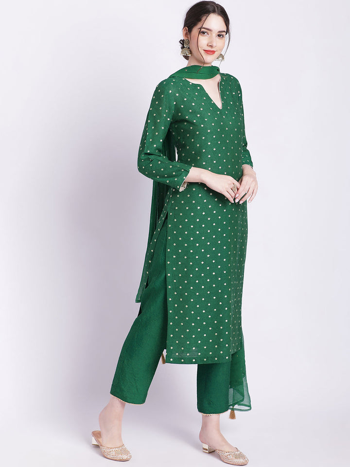 anokherang Combos Ethnic Green Banarasi Straight Kurti with Straight Pants and Mokaish Dupatta