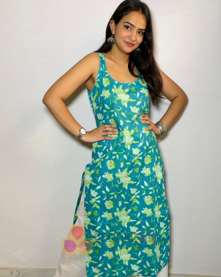 anokherang Combos Firozi Cotton Straight Kurti