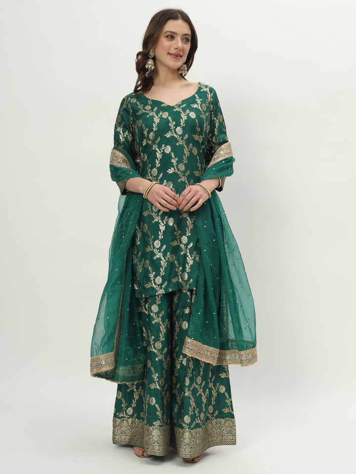 anokherang Combos Forever Green Banarsi Silk Kurti with Palazzo and Net Stone Dupatta