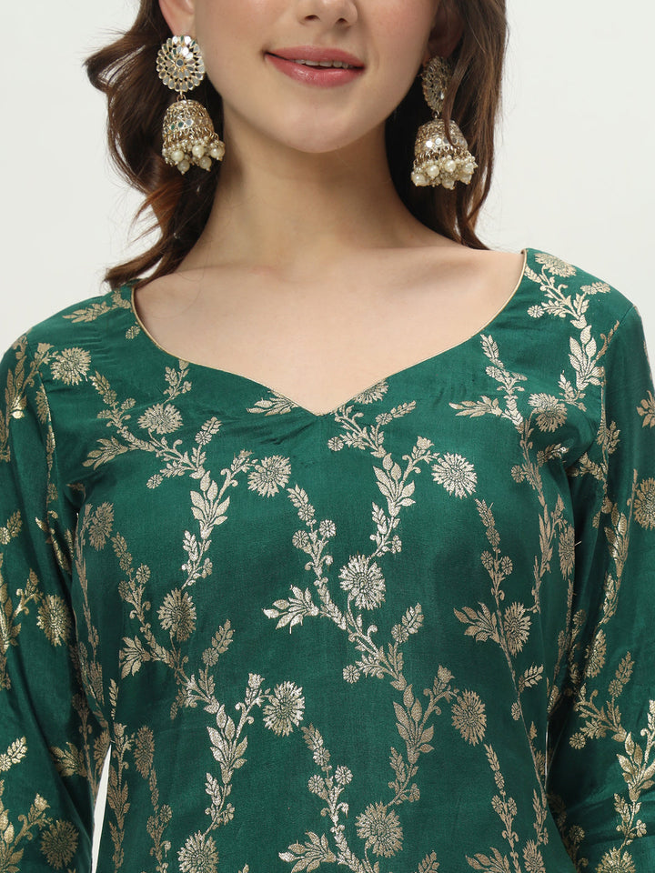 anokherang Combos Forever Green Banarsi Silk Kurti with Palazzo and Net Stone Dupatta