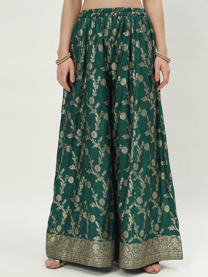 anokherang Combos Forever Green Banarsi Silk Kurti with Palazzo and Net Stone Dupatta