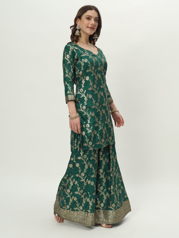 anokherang Combos Forever Green Banarsi Silk Kurti with Palazzo and Net Stone Dupatta