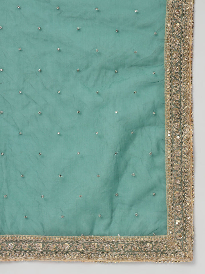 anokherang Combos Forever Green Banarsi Silk Kurti with Palazzo and Net Stone Dupatta
