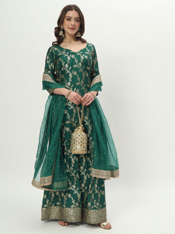 anokherang Combos Forever Green Banarsi Silk Kurti with Palazzo and Net Stone Dupatta