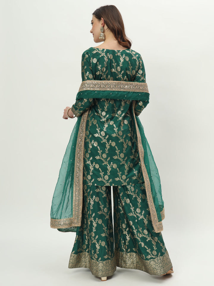 anokherang Combos Forever Green Banarsi Silk Kurti with Palazzo and Net Stone Dupatta