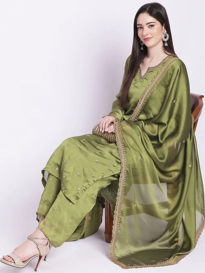 anokherang Combos Glam Green Embroidered Kurti with Straight Palazzo and Embroidered Dupatta