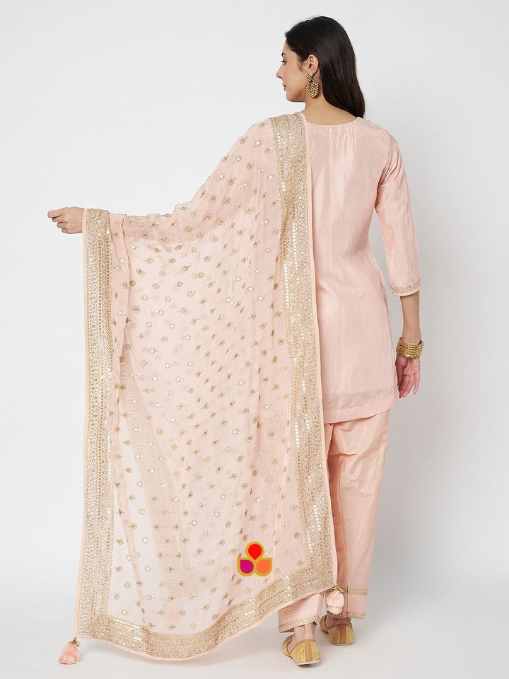 anokherang Combos Glamour Peach Silk Straight Kurti with Salwar and Embroidered Georgette Dupatta