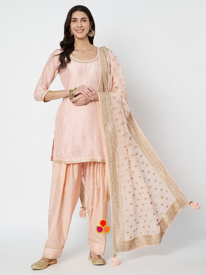 anokherang Combos Glamour Peach Silk Straight Kurti with Salwar and Embroidered Georgette Dupatta