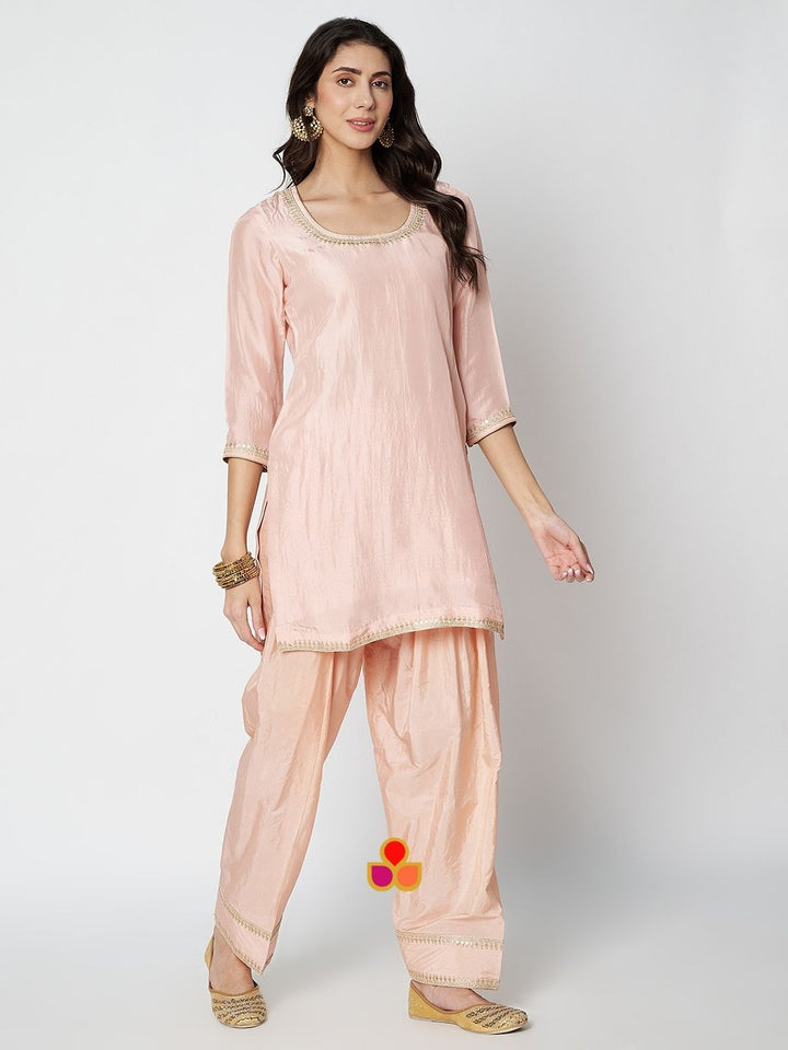 anokherang Combos Glamour Peach Silk Straight Kurti with Salwar and Embroidered Georgette Dupatta