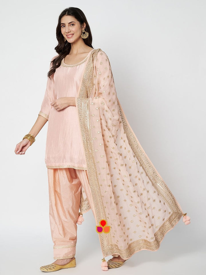 anokherang Combos Glamour Peach Silk Straight Kurti with Salwar and Embroidered Georgette Dupatta