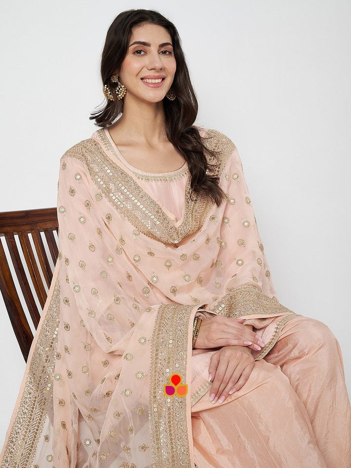 anokherang Combos Glamour Peach Silk Straight Kurti with Salwar and Embroidered Georgette Dupatta