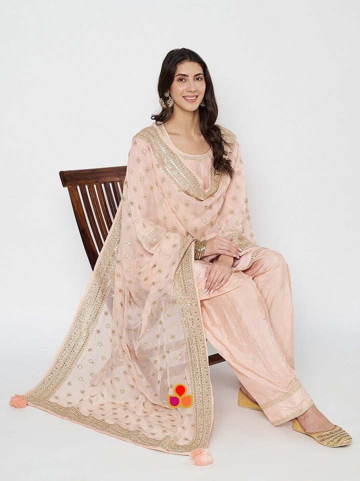 anokherang Combos Glamour Peach Silk Straight Kurti with Salwar and Embroidered Georgette Dupatta