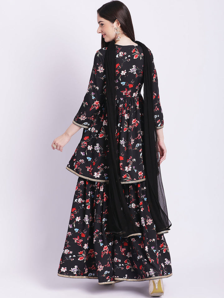 anokherang Combos Glorious Black Floral Gathered Kurti with Gathered  Sharara and Dupatta