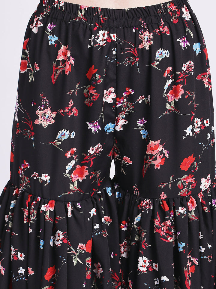 anokherang Combos Glorious Black Floral Gathered Kurti with Gathered  Sharara and Dupatta