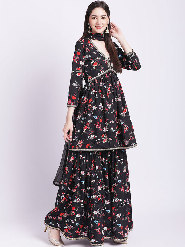 anokherang Combos Glorious Black Floral Gathered Kurti with Gathered  Sharara and Dupatta