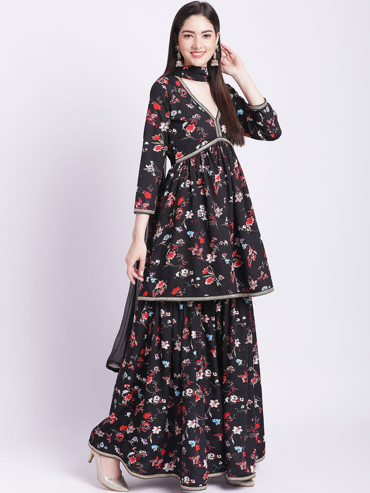 anokherang Combos Glorious Black Floral Gathered Kurti with Gathered  Sharara and Dupatta