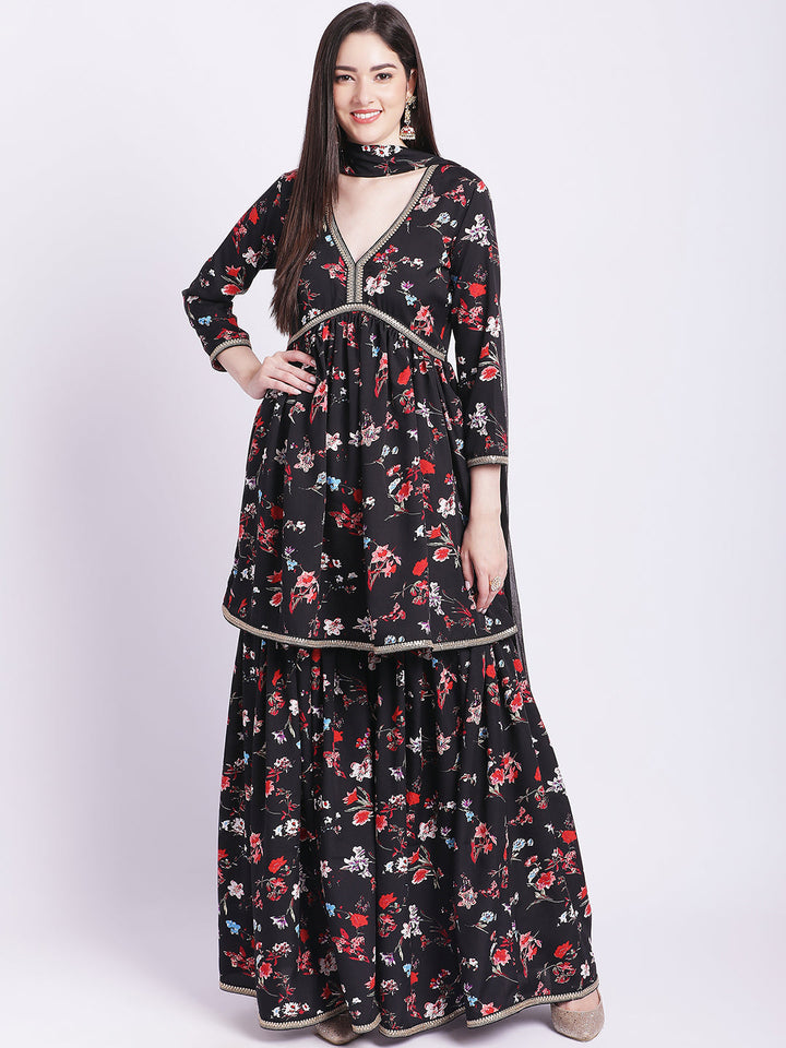 anokherang Combos Glorious Black Floral Gathered Kurti with Gathered  Sharara and Dupatta