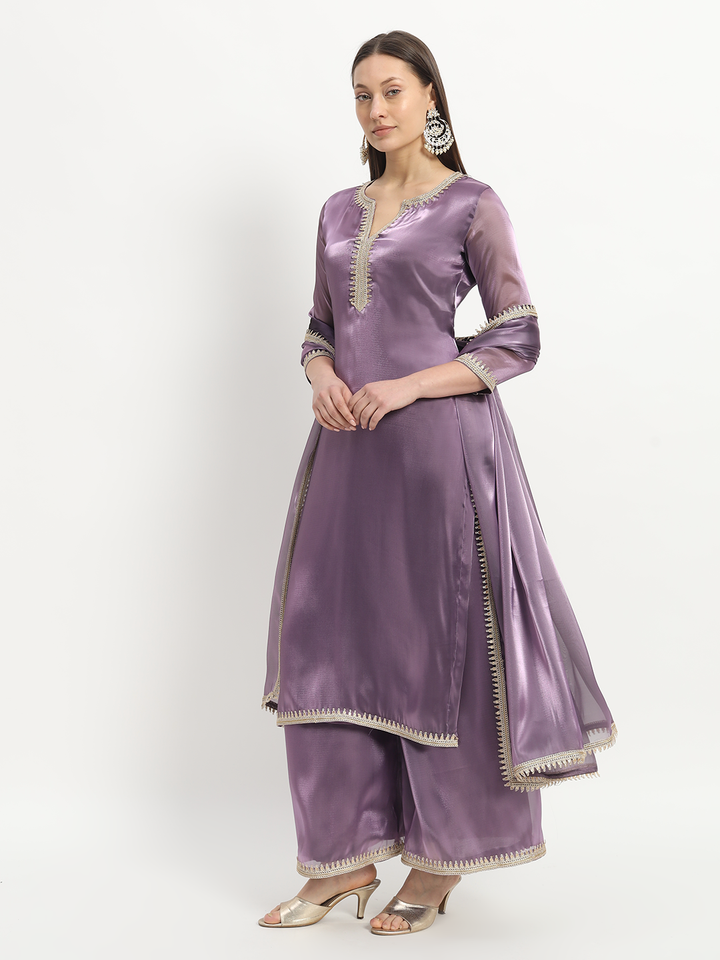anokherang Combos Gloss Purple Organza Kurti with Palazzo and Organza Dupatta