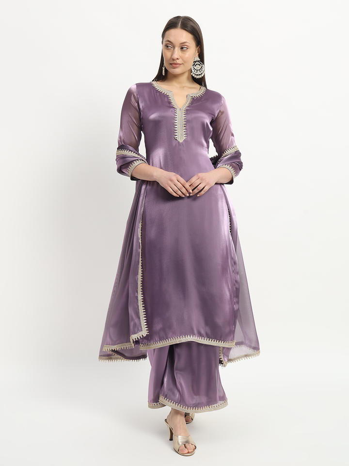 anokherang Combos Gloss Purple Organza Kurti with Palazzo and Organza Dupatta