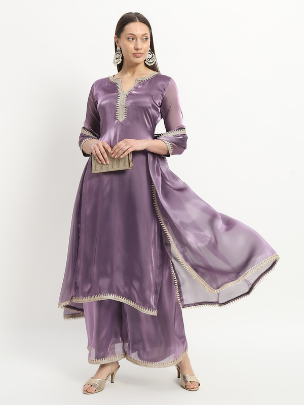 anokherang Combos Gloss Purple Organza Kurti with Palazzo and Organza Dupatta