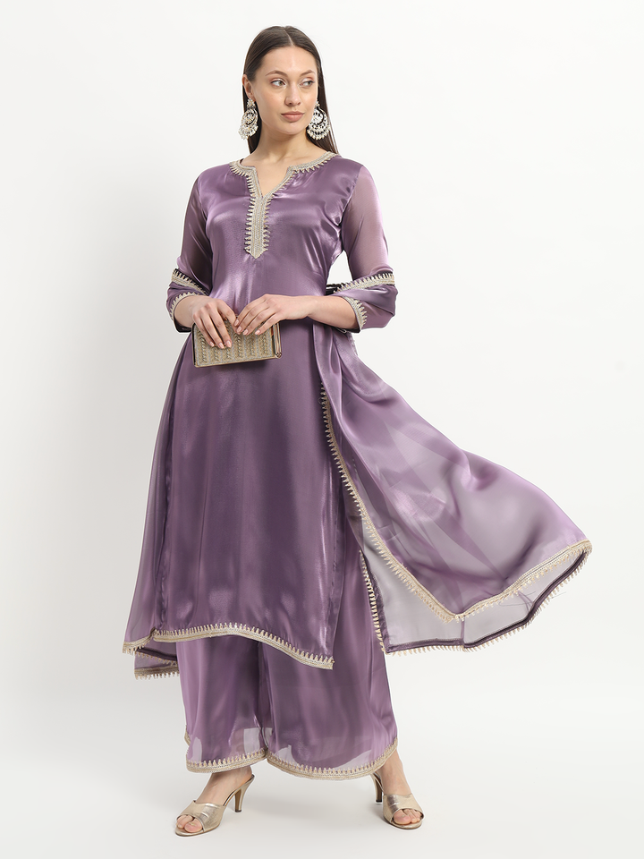 anokherang Combos Gloss Purple Organza Kurti with Palazzo and Organza Dupatta