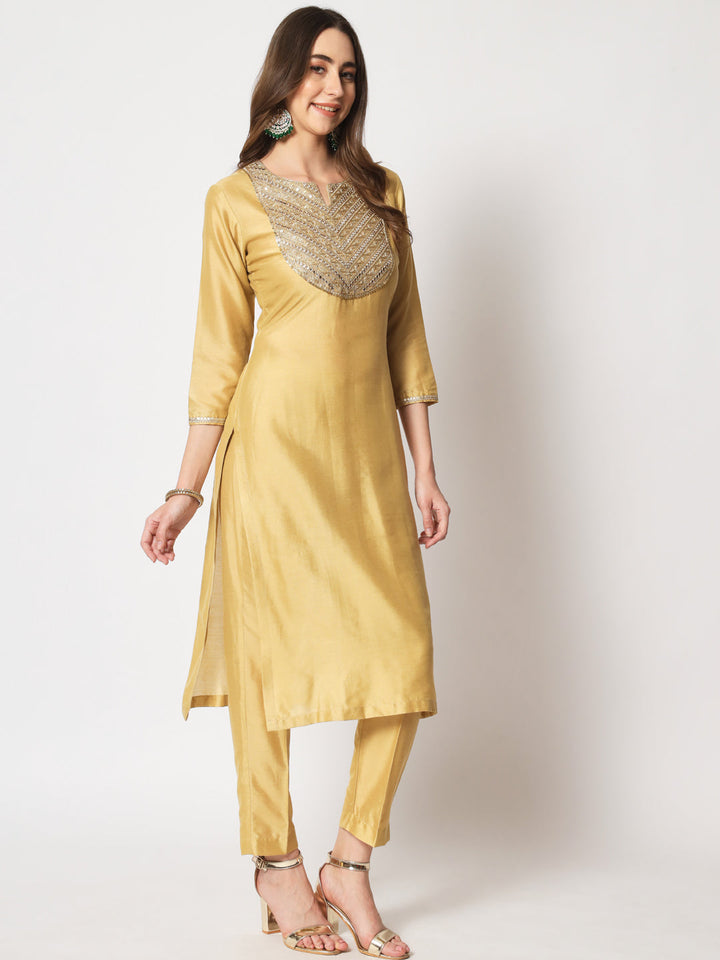 anokherang Combos Gold Embroidered Straight Kurti with Straight Pants